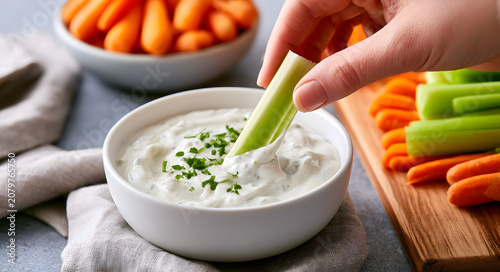 Hand-dipping celery sticks in ranch dip, with a bowl of carrots and a background