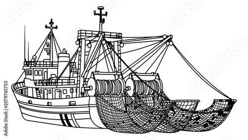 Commercial Fishing Trawler Vessel with Industrial Netting for Deep Sea Harvesting, Professional Marine Ship for Seafood Production and Aquaculture Supply Chain Management Vector