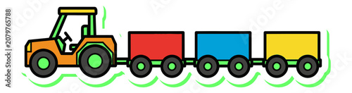 Colorful agricultural tractor hauling multiple cargo wagons for farm transport logistics and rural supply chain management illustration for educational kids content and agribusiness marketing