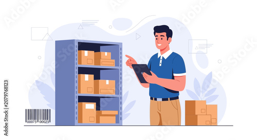 Warehouse Worker with Tablet Manages Inventory and Packages