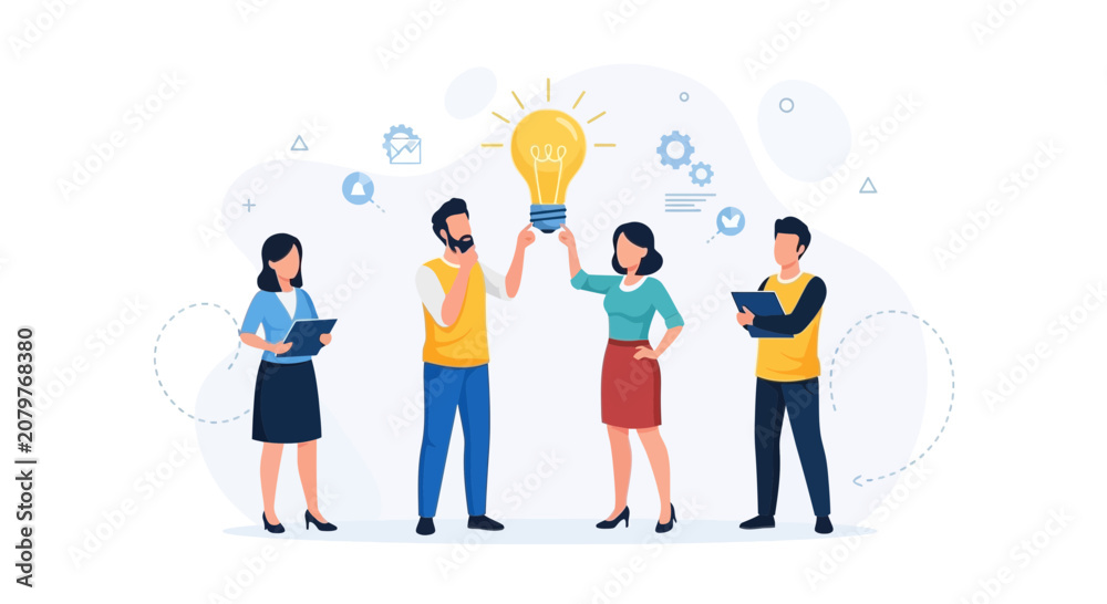 Fototapeta premium Teamwork and Innovation: Diverse people holding a bright idea lightbulb, symbolizing collaboration and creative solutions