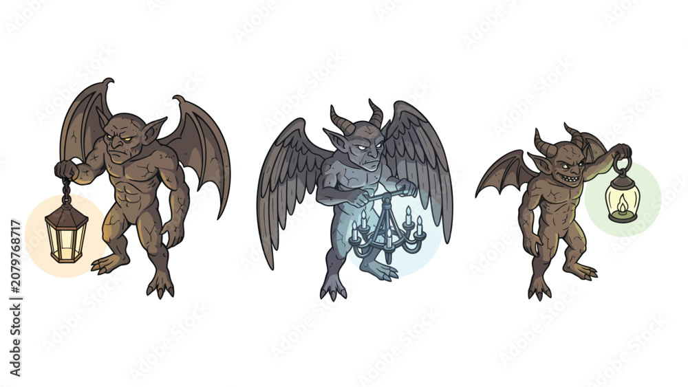 Fototapeta premium Three cartoon gargoyles holding lanterns, each with a different color glow.