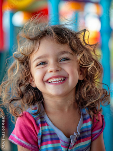 Smiling young girl with curly hair at a colorful playground