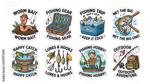Canvastavla Collection of cartoon fishing-themed stickers featuring bait, gear, and happy anglers