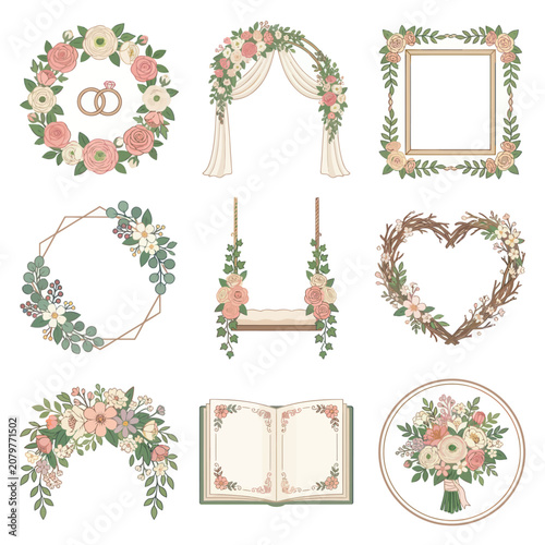 Floral wedding decorations and frames.