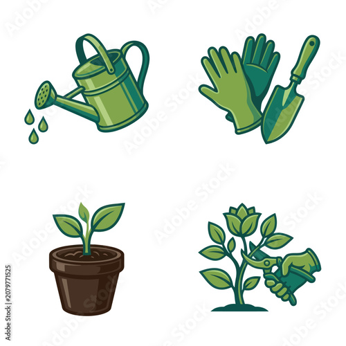 Gardening tools and plant care items.