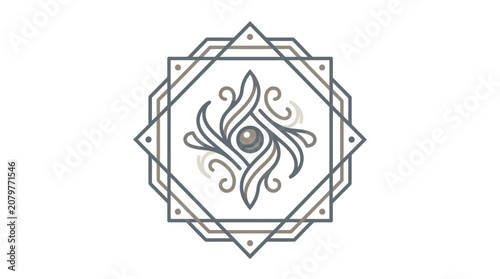Geometric shape with decorative design element.