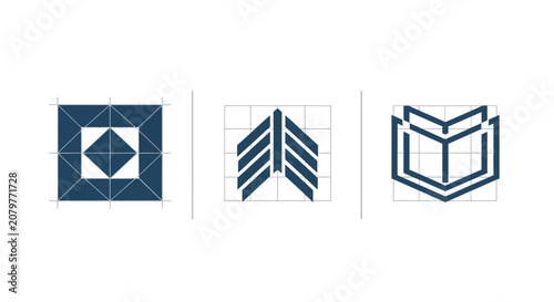 Three blue geometric icons representing different concepts.