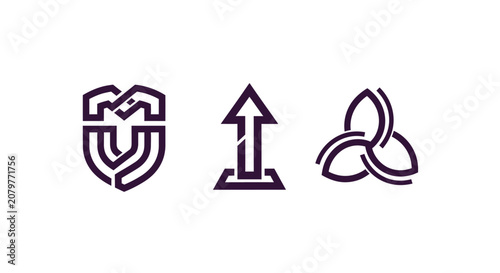 Three minimalist icons shield arrow triskelion design.