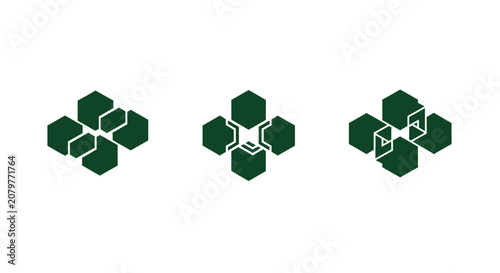 Three green hexagonal cube clusters isolated on white.