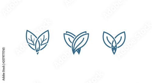 Minimalist Leaf Icon Set in Blue Outline Style.