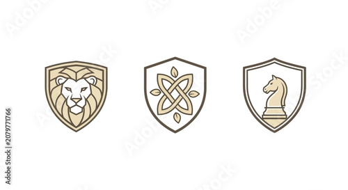 Three ornate heraldic shields with distinct symbols.