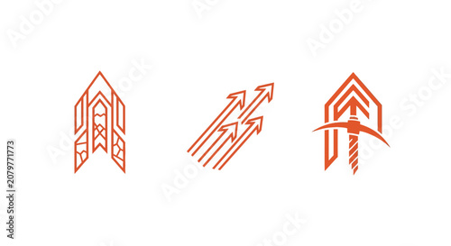 Three minimalist red line art icons with arrows and geometric shapes.