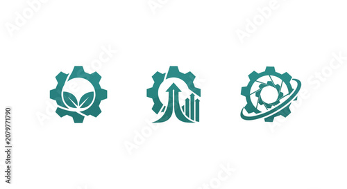 Three green gear icons with nature and industry symbols.