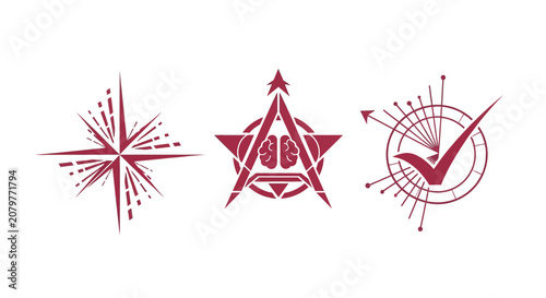Three red star and checkmark symbols design.