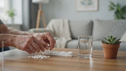 Person taking medicine from a blister pack with a glass of water on a wooden table in a living room with a couch and plant