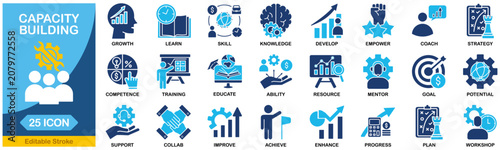 Fotografie capacity building icon set collection in Blue Monochrome Flat Design collection in solid glyph style