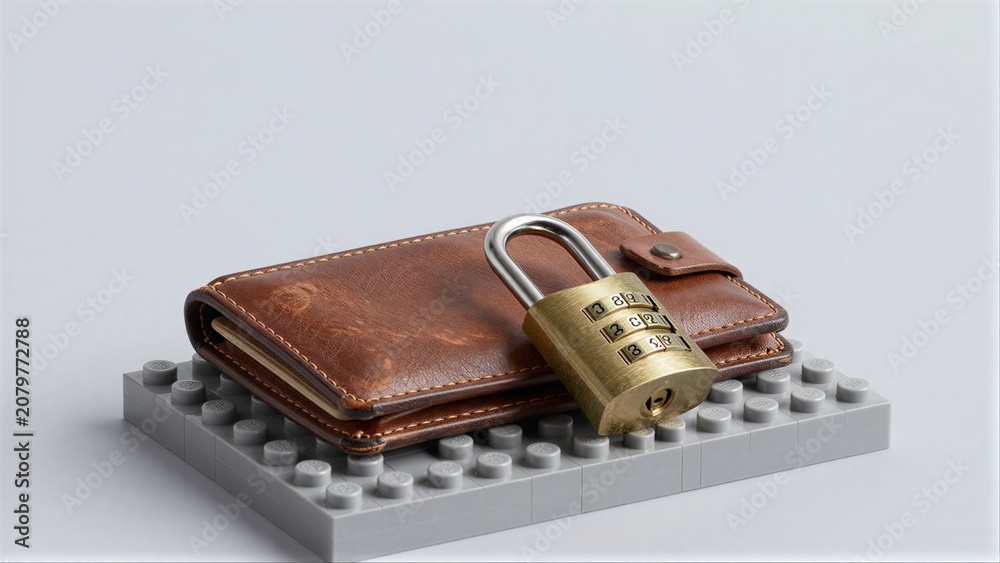 Obraz premium Brown wallet locked with padlock on LEGO base, symbolizing secure finances.