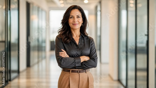 Professional Female Executive Standing with Arms Crossed in Modern Office Hallway for Corporate Leadership and Career Recruitment