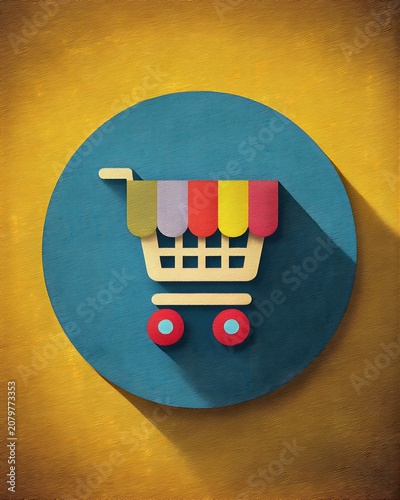 Illustration of Multicolored Shopping Cart with Long Shadow for E-commerce and Retail Marketing Visuals