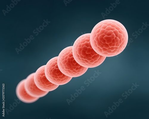 Detailed Microbiology Image of Streptococcus Bacteria Chain in 3D Rendering on Dark Background