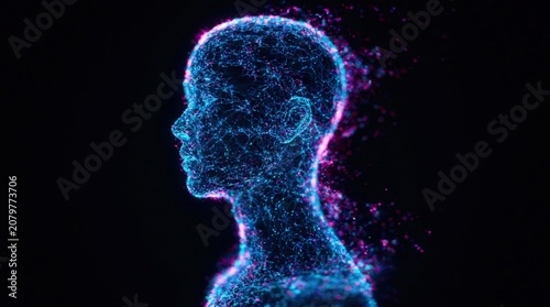 Artificial intelligence digital human head profile with futuristic data particles
