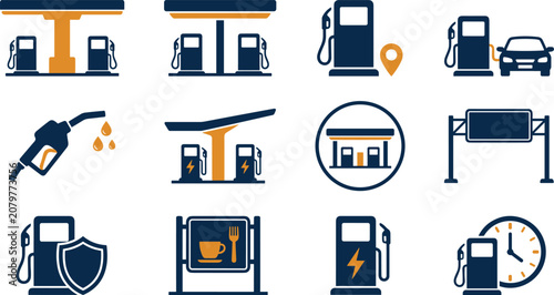 Gas Station and Highway Service Icon Vector Set featuring Petrol Pumps EV Charging Points Location Pin Restaurant Sign and Travel Protection Symbols
