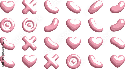 Canvas-taulu Glossy Pink Candy and Jelly Bean Shapes Icon Set with Hearts, Crosses, and Conce