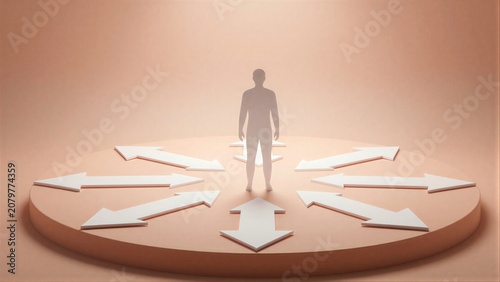 Silhouette stands before arrows, symbolizing choices and life's uncertain path ahead.