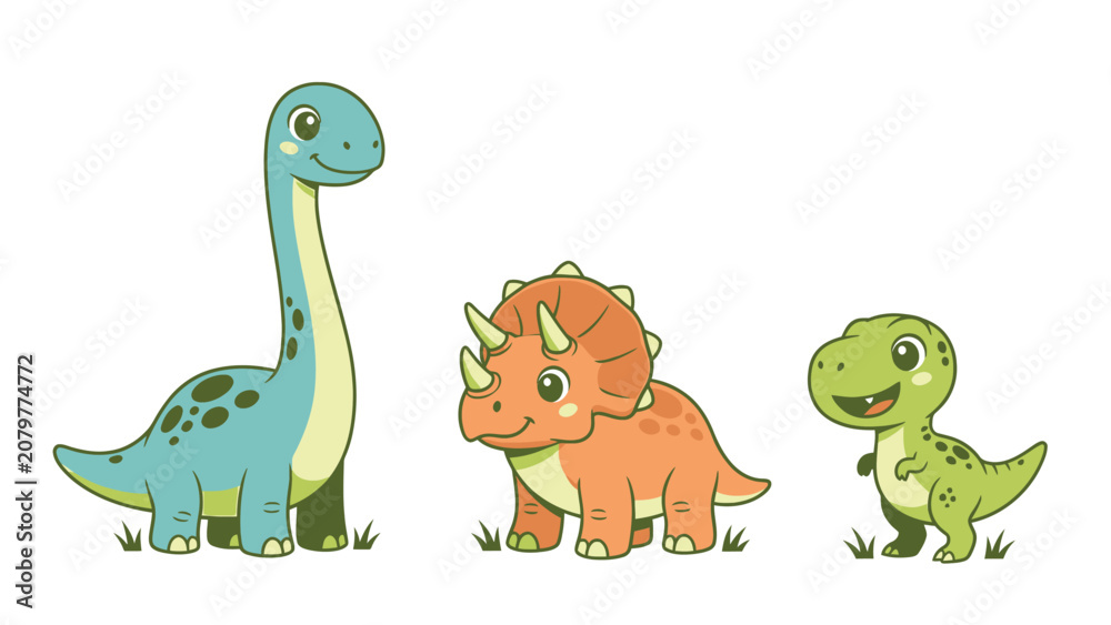Fototapeta premium Three cute cartoon dinosaurs standing on grass, a long neck, a triceratops, and a t-rex.