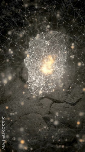 Abstract digital human head formed by glowing network connections and particles