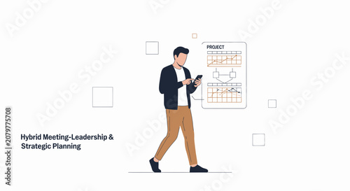 Man with Smartphone in Hybrid Meeting, Planning Strategy and Project Management with Data Charts