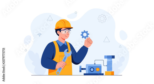Mechanic with Wrench and Gear Illustration - Engineering, Construction, and Industrial Concepts