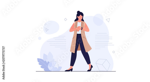 Modern Woman Checking Smartwatch, Stylish Business Casual Outfit, Abstract Background