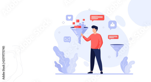 Man Using Funnel for Marketing Lead Generation and Sales Process Illustration