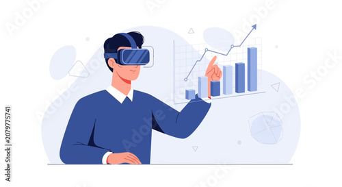 Man wearing VR headset interacting with financial growth chart and data visualization, representing future technology, business analysis, and virtual reality insights.