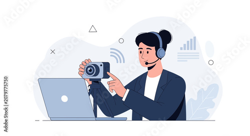 Person with headset and camera setting up for streaming or online communication, modern flat illustration