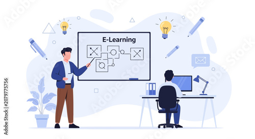 Online education concept: Teacher explaining e-learning with diagram on whiteboard, student studying on computer