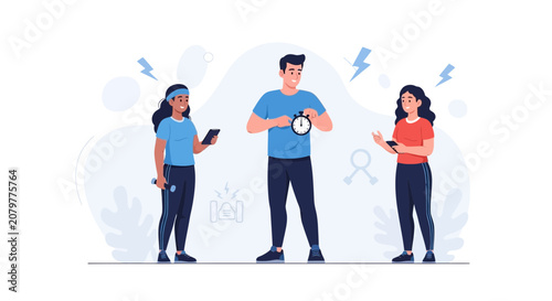 Personal Trainer Coaching Clients with Stopwatch and Dumbbell, Digital Fitness and Healthy Lifestyle