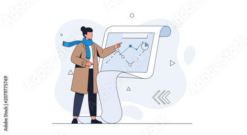 Person Analyzing Data Chart on Large Scroll, Vector Illustration
