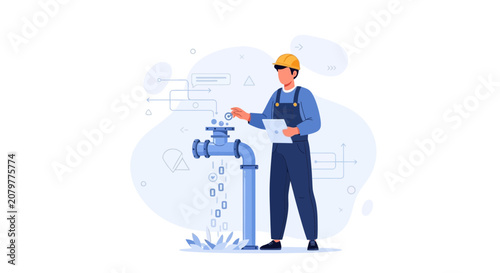 Plumber Adjusting Water Valve with Tablet, Representing Plumbing System Control and Maintenance