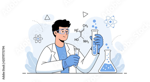 Scientist Conducting Chemistry Experiment in Laboratory with Molecular Structure and Atomic Symbols