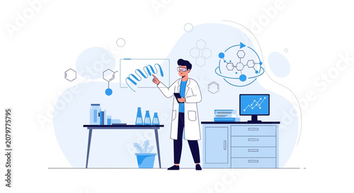 Scientist in Lab Analyzing DNA and Molecular Structures, Modern Flat Design Vector Illustration