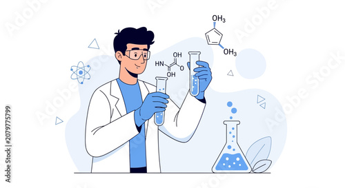 Scientist in Lab Coat Holding Test Tube with Chemical Formulas and Beaker, Modern Flat Design