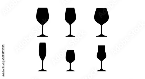 Fényképezés Elegant wine glass silhouettes, six distinct black stemware icons, vector collec