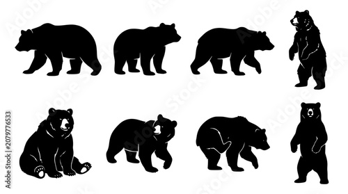 Bear Silhouette Set of Black Animal Icons for Wildlife, Forest, Logo Design, and Conservation Themed Graphics