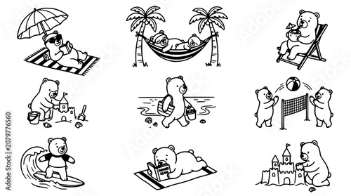 Bear Cartoon Icons in Black Line Art on White Background, Set of Playful Characters Relaxing and Reading