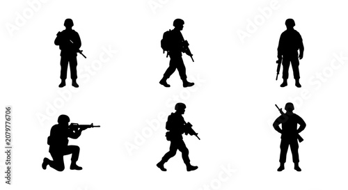 Obraz na plátně Military soldier silhouettes set, 8 army infantry vector icons, armed forces com