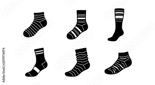 Tableau sur toile Striped Socks Collection, Black and White Footwear Icons, Casual Apparel Vector