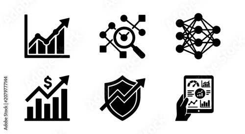 Business Growth Icons, Data Analysis, Neural Network, Financial Security, Technology Display, Vector Set